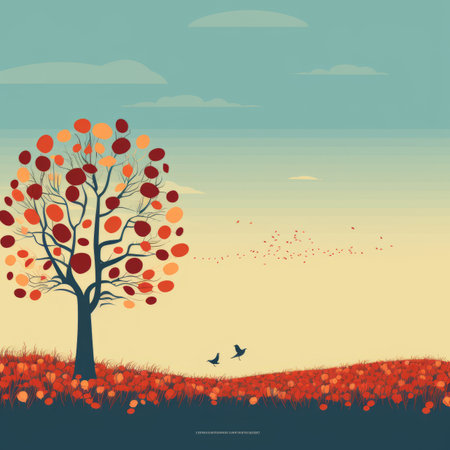 an illustration of a tree and birds flying over a fieldの素材