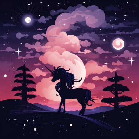 an illustration of a unicorn standing on a hill at night with the moon and stars in the backgroundの素材