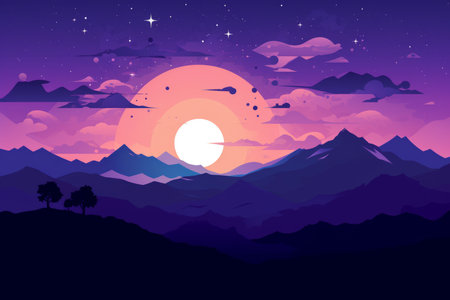 an illustration of the mountains at night with the sun in the skyの素材