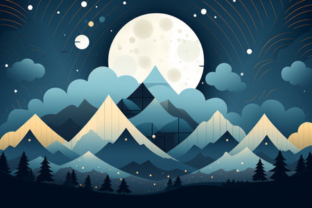 an illustration of the night sky with mountains trees and a full moonの素材