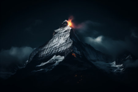 an image of a mountain with flames coming out of itの素材