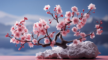 cherry blossoms in a vase on a table with mountains in the backgroundの素材
