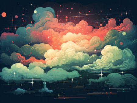 clouds and stars in the night skyの素材