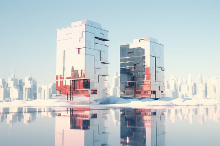 futuristic buildings in the city with snow on the groundの素材