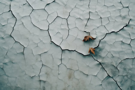 cracked paint on a wall with a leaf on itの素材