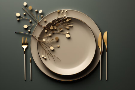 golden plate fork and knife on a black backgroundの素材