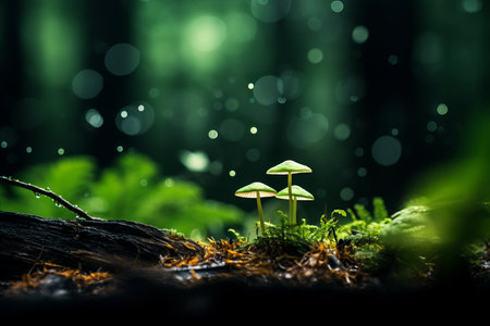 mushrooms in the forest with water droplets in the backgroundの素材