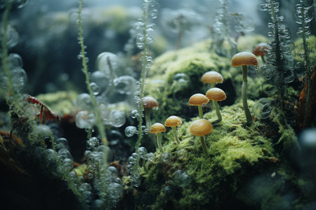 mushrooms growing on a mossy forest floorの素材