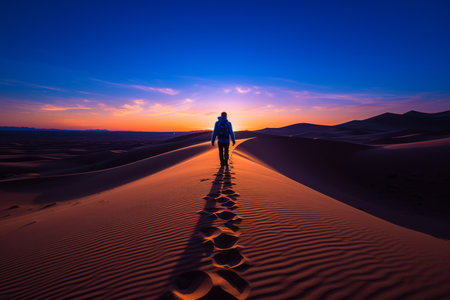 man walking in the desert at sunsetの素材