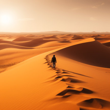 man walking alone in the sahara desert at sunsetの素材