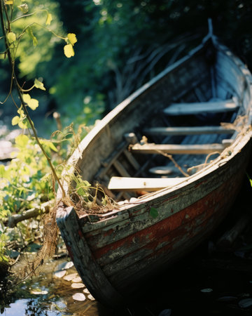 old wooden boat in the waterの素材