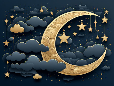the moon and clouds in the night sky with stars and cloudsの素材