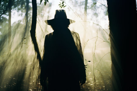 the silhouette of a man in a hat in the woodsの素材