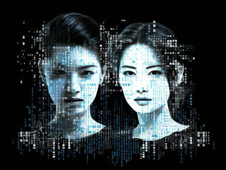 two asian women are shown in front of a binary codeの素材
