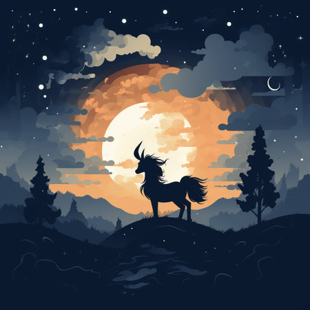 the unicorn is standing on a hill at night with the moon in the backgroundの素材