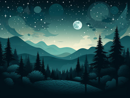 vector illustration of night forest landscape with moon and starsの素材