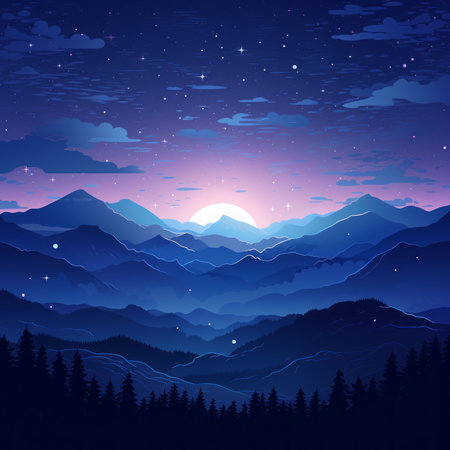 vector illustration of mountains at night with stars and moonの素材