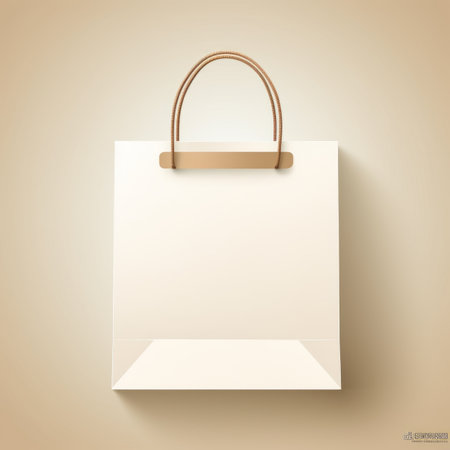 white paper bag with handle on a beige backgroundの素材