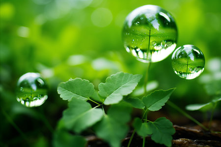 water droplets in the grass with green leavesの素材