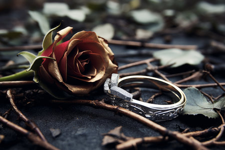 wedding rings and a rose on the groundの素材