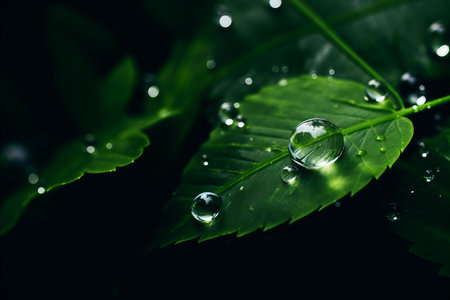 water droplets on a green leafの素材