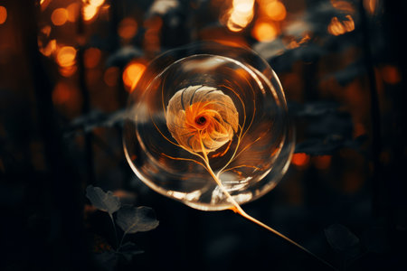 a flower is in a bubble with leaves in the backgroundの素材