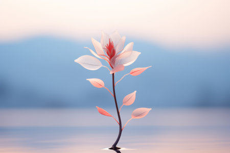 a flower is floating in the water on top of a body of waterの素材