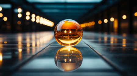 a golden ball sitting on the floor in a dark roomの素材