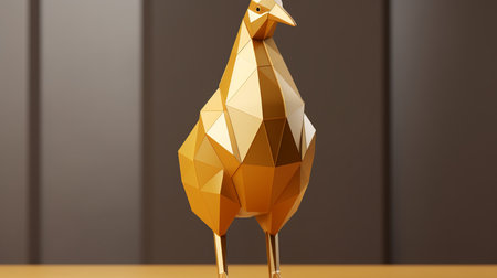 a golden bird is standing on a tableの素材