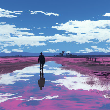 a man is walking across a puddle of pink waterの素材