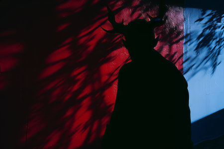 a man with antlers standing in front of a blue and red wallの素材