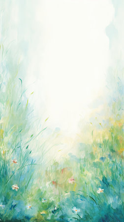 a painting of a field with grass and flowersの素材