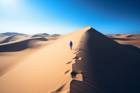 a man is walking across a sand dune in the middle of the desertの素材
