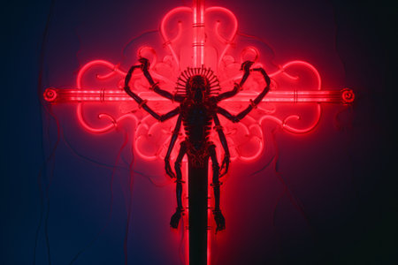 a neon cross with an alien on it in a dark roomの素材