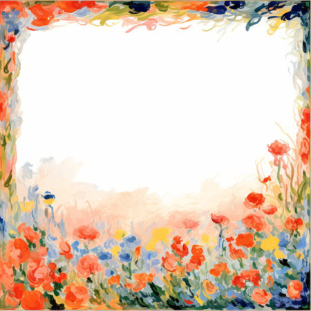 a painting of a field of flowers with a white frameの素材