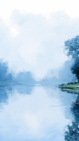 a painting of a lake with trees in the backgroundの素材