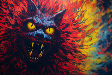 a painting of a red and orange wolf with yellow eyesの素材