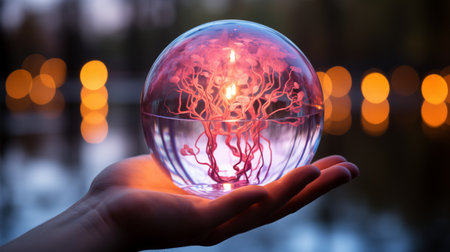 a person holding a glass orb with a tree inside of itの素材