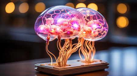 a pair of lighted jellyfish on a wooden tableの素材