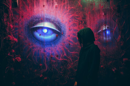 a person standing in front of a wall with an eye painted on itの素材