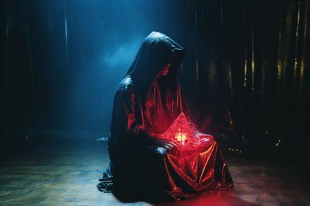 a person in a black robe sitting on the floor with a red light shining on themの素材