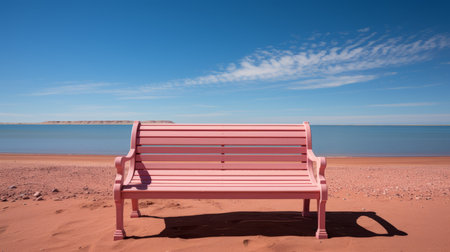 a pink bench sitting on a sandy beachの素材