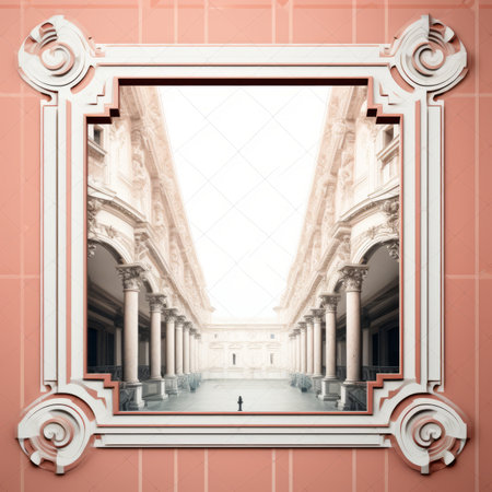 a pink tiled wall with an ornate frameの素材