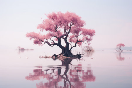 a pink tree in the middle of a lakeの素材