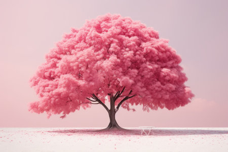 a pink tree in the middle of a fieldの素材