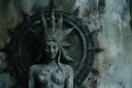 a statue of a woman with horns on her headの素材