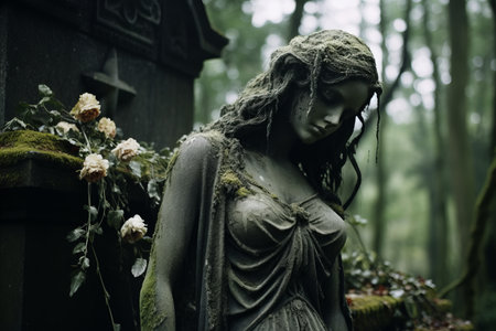 a statue of a woman in the woods with rosesの素材