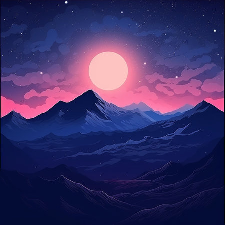 an illustration of the mountains at night with a full moon in the skyの素材