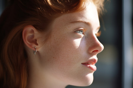 a young woman with freckles on her faceの素材
