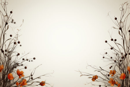 autumn background with flowers and leaves on a beige backgroundの素材